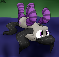Size: 1739x1683 | Tagged: safe, artist:the-furry-railfan, character:octavia melody, species:earth pony, species:pony, bed, clothing, cute, female, hooves in air, i'm so alone, on back, socks, socktavia, solo, striped socks, tavibetes, upside down
