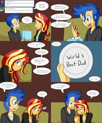 Size: 2000x2400 | Tagged: safe, artist:jake heritagu, character:flash sentry, character:sunset shimmer, comic:ask motherly scootaloo, comic:ask motherly sunset shimmer, ship:flashimmer, my little pony:equestria girls, action figure, blushing, clothing, comic, couch, female, male, marriage proposal, plate, pregnant, shipping, straight, super sentai