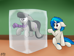 Size: 2551x1913 | Tagged: safe, artist:the-furry-railfan, character:dj pon-3, character:octavia melody, character:vinyl scratch, species:earth pony, species:pony, species:unicorn, bondage, clothing, encasement, frozen, i was frozen today, ice, scarf, scrunchy face, sitting, surprised