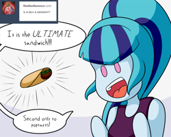 Size: 1000x800 | Tagged: safe, artist:jake heritagu, character:sonata dusk, comic:aria's archives, my little pony:equestria girls, clothing, cute, female, food, grimdark series, questionable series, solo, sonataco, taco, tank top