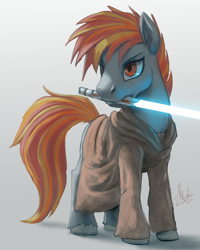 Size: 900x1125 | Tagged: safe, artist:grissaecrim, oc, oc only, oc:hugo drax, species:pony, cloak, clothing, commission, crossover, lightsaber, male, mouth hold, solo, stallion, star wars, weapon