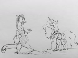 Size: 1280x960 | Tagged: safe, artist:greyscaleart, character:discord, character:princess celestia, character:princess luna, species:draconequus, species:pony, species:unicorn, female, filly, monochrome, pencil drawing, race swap, traditional art, unicorn celestia, unicorn luna, woona, young celestia, young discord, younger