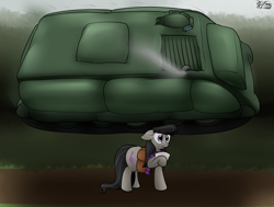 Size: 2718x2054 | Tagged: safe, artist:the-furry-railfan, character:octavia melody, species:earth pony, species:pony, airborne, apc, clothing, cloud, cloudy, dirt road, female, incoming, inflatable, m113, overcast, paper, saddle bag, scarf, solo, story included, tank (vehicle), this will end in balloons, this will not end well, tree