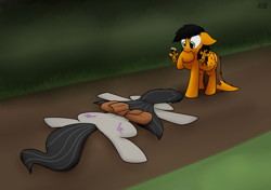 Size: 2843x1998 | Tagged: safe, artist:the-furry-railfan, character:octavia melody, oc, oc:twintails, species:earth pony, species:pegasus, species:pony, biting, clothing, cloud, cloudy, dirt road, flattened, hoof biting, oops, overcast, saddle bag, scarf, shoulder angel, shoulder devil, story included, this will end in balloons, tree