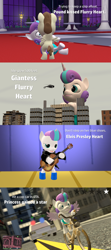Size: 1920x4320 | Tagged: safe, artist:red4567, character:pound cake, character:princess flurry heart, species:pony, comic:princess punny heart 2, ship:poundflurry, 3d, bicycle, comic, diaper, elvis presley, female, giant pony, grand theft auto, helicopter, kissing, macro, male, police car, princess punny heart, shipping, source filmmaker, straight