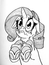 Size: 960x1280 | Tagged: safe, artist:docwario, character:rarity, species:pony, species:unicorn, black and white, crying, cuffs, female, floppy ears, grayscale, hand cuffs, handcuffed, ink drawing, monochrome, raritober, solo, traditional art