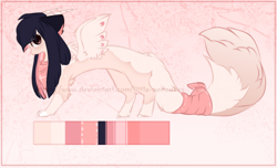 Size: 1600x973 | Tagged: safe, artist:little-sketches, oc, species:draconequus, bandana, chest fluff, cute, female, fluffy, fluffy tail, looking at you, paws, reference sheet, solo