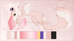 Size: 1600x881 | Tagged: safe, artist:little-sketches, oc, species:draconequus, chest fluff, collar, cute, female, fluffy, fluffy tail, looking at you, paws, reference sheet, solo
