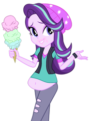 Size: 771x1037 | Tagged: safe, artist:didgereethebrony, edit, character:starlight glimmer, my little pony:equestria girls, belly, belly button, chubby, chubby glimmer, fat, fat edit, female, food, ice cream, shrug, simple background, solo, starlard glimmer, transparent background