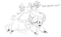 Size: 1280x775 | Tagged: safe, artist:sintakhra, character:princess flurry heart, character:yona, species:yak, tumblr:studentsix, "best yak" trophy, black and white, bouncing, cloven hooves, cute, descriptive noise, diaper, female, filly, flurrybetes, grayscale, happy, horse noises, lineart, monkey swings, monochrome, onomatopoeia, open mouth, simple background, smiling, trophy, white background, yonadorable