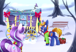 Size: 1024x712 | Tagged: safe, artist:scarlet-spectrum, character:starlight glimmer, oc, oc:rising dusk, species:pony, species:unicorn, bench, bow, bow tie, christmas, christmas lights, clothing, coffee, cup, decoration, drink, duo, female, holiday, jacket, magic, male, mare, open mouth, rock, scarf, smiling, snow, stallion, telekinesis, tree, tree branch, trixie's wagon, wagon, wheel, window, winter