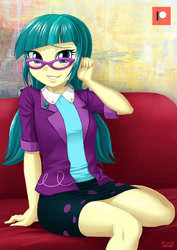 Size: 707x1000 | Tagged: safe, artist:uotapo, character:juniper montage, equestria girls:movie magic, g4, my little pony: equestria girls, my little pony:equestria girls, spoiler:eqg specials, blushing, clothing, female, glasses, looking at you, patreon, patreon logo, pigtails, shirt, skirt, smiling, solo, thighs