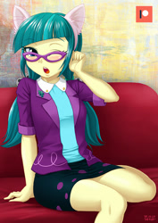 Size: 707x1000 | Tagged: safe, artist:uotapo, character:juniper montage, equestria girls:movie magic, g4, my little pony: equestria girls, my little pony:equestria girls, spoiler:eqg specials, blushing, cat ears, clothing, cute, female, glasses, junibetes, one eye closed, patreon, patreon logo, pigtails, skirt, solo, wink