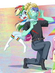 Size: 711x934 | Tagged: safe, artist:uotapo, character:fluttershy, character:rainbow dash, character:zephyr breeze, my little pony:equestria girls, abstract background, age swap, angry, arms, barrette, belt, black socks, chokehold, choking, clothing, cropped, female, frown, hairclip, hairpin, jeans, kneeling, legs, male, man bun, marker, missing shoes, offscreen character, older, open mouth, pants, pinpoint eyes, prank fail, role reversal, shirt, shorts, shrunken pupils, sitting, skirt, smoldash, socks, stubble, surprised, sweat, sweatdrop, tank top, younger, zephabuse, zephyrbuse
