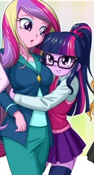 Size: 373x692 | Tagged: safe, artist:uotapo, character:dean cadance, character:princess cadance, character:twilight sparkle, character:twilight sparkle (scitwi), species:eqg human, my little pony:equestria girls, clothing, cropped, cute, duo, female, glasses, height difference, hug, pleated skirt, ponytail, skirt, smiling, socks, thigh highs, twiabetes