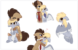 Size: 2000x1284 | Tagged: safe, artist:little-sketches, character:derpy hooves, character:doctor whooves, character:time turner, species:earth pony, species:pegasus, species:pony, ship:doctorderpy, blushing, chest fluff, cravat, eye contact, female, floppy ears, heart, hug, looking at each other, male, mare, necktie, pale belly, shipping, simple background, stallion, straight, tail feathers, underhoof, white background, winghug