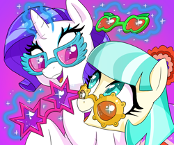 Size: 1724x1440 | Tagged: safe, artist:docwario, character:coco pommel, character:rarity, species:earth pony, species:pony, species:unicorn, female, levitation, looking at each other, magic, mare, raritober, sunglasses, telekinesis