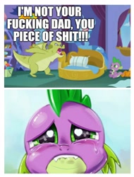 Size: 3106x4096 | Tagged: safe, artist:kp-shadowsquirrel, edit, edited screencap, screencap, character:sludge, character:smolder, character:spike, species:dragon, episode:father knows beast, g4, my little pony: friendship is magic, abuse, background pony strikes again, crying, downvote bait, op is a duck, op is trying to start shit, sad, spikeabuse, vulgar, winged spike