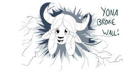 Size: 1280x720 | Tagged: safe, artist:sintakhra, character:yona, species:yak, tumblr:studentsix, ask, bow, breaking the fourth wall, broken wall, bust, cracks, crooked horns, female, fourth wall, hole, lineart, monkey swings, monochrome, proud, smiling, solo, tumblr