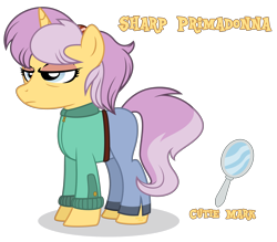 Size: 5009x4397 | Tagged: safe, artist:binkyt11, oc, oc only, oc:primadonna, species:pony, species:unicorn, absurd resolution, belt, clothing, cutie mark, eyeshadow, female, headband, inkscape, jacket, jeans, makeup, mare, mirror, mother, pants, show accurate, simple background, solo, transparent background, vector