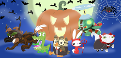 Size: 3541x1689 | Tagged: safe, artist:porygon2z, character:angel bunny, character:gummy, character:opalescence, character:owlowiscious, character:tank, character:winona, clothing, costume, demon, halloween, halloween costume, harry potter, holiday, jack-o-lantern, pumpkin, teenage mutant ninja turtles, timber wolf, vampire