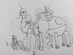 Size: 1280x960 | Tagged: safe, artist:greyscaleart, character:princess celestia, character:princess luna, character:twilight sparkle, species:pony, clothing, costume, crossover, darth vader, death star, female, filly, filly twilight sparkle, luna is not amused, mare, monochrome, royal sisters, sketch, star wars, stormtrooper, that's no moon, unamused, younger