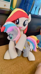 Size: 577x1024 | Tagged: safe, artist:nekokevin, oc, oc only, oc:poniko, oc:rokuchan, species:earth pony, species:pony, duo, female, happy, holding, hug, irl, looking at you, mare, open mouth, photo, plushie, raised hoof, sitting, smiling
