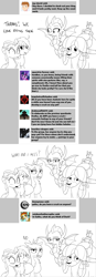 Size: 1280x3695 | Tagged: safe, artist:sintakhra, character:gallus, character:ocellus, character:sandbar, character:smolder, character:yona, tumblr:studentsix, "best yak" trophy, ask, award, blushing, gallus is not amused, monochrome, smolder is not amused, tumblr, unamused, yona is not amused