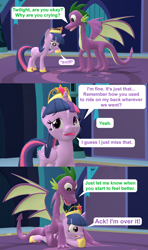 Size: 1920x3240 | Tagged: safe, artist:red4567, character:spike, character:twilight sparkle, character:twilight sparkle (alicorn), species:alicorn, species:dragon, species:pony, 3d, back, comic, crying, dragons riding ponies, older, older spike, older twilight, quadrupedal spike, riding, source filmmaker, winged spike