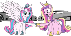 Size: 1024x520 | Tagged: safe, artist:didgereethebrony, character:princess cadance, character:princess flurry heart, species:pony, belly, car, crown, female, hoofshake, hyper, hyper pregnancy, hypercar, impossibly large belly, jewelry, koenigsegg, koenigsegg agera r, mother and daughter, older, older flurry heart, porsche, porsche 918, pregnant, regalia, tiara