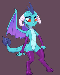 Size: 655x819 | Tagged: safe, artist:grissaecrim, character:princess ember, species:dragon, clothing, dragoness, female, fingerless gloves, gloves, gray background, leggings, simple background, socks, solo