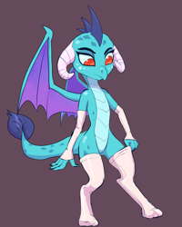 Size: 800x1000 | Tagged: safe, artist:grissaecrim, character:princess ember, species:dragon, clothing, dragoness, female, fingerless gloves, gloves, gray background, leggings, simple background, solo