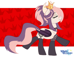 Size: 3071x2379 | Tagged: safe, artist:xwhitedreamsx, oc, oc only, oc:sweet velvet, species:bat pony, species:pony, abstract background, bat pony oc, bat wings, bowsette, bracelet, choker, clothing, crown, cute, cute little fangs, eyelashes, eyes closed, fangs, female, folded wings, horns, jewelry, mare, necklace, new super mario bros. u deluxe, nintendo, power-up, regalia, smiling, socks, solo, spiked choker, spiked wristband, super crown, super mario bros., watermark, wings, wristband