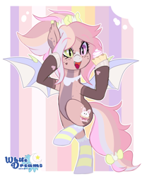 Size: 1859x2235 | Tagged: safe, artist:xwhitedreamsx, oc, oc only, oc:charity cakes, species:bat pony, species:pony, species:rabbit, abstract background, balancing, bat pony oc, bat wings, bipedal, bow, clothing, color outline, cupcake, cute, cute little fangs, ear tufts, fangs, female, food, freckles, hair bow, heart, heterochromia, hoof hold, hoof polish, jewelry, kidcore, mare, necklace, on one hoof, ponytail, rainbow, raised eyebrows, signature, socks, solo, standing, standing on one leg, striped socks, tail bow, watermark, wings
