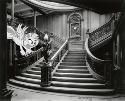 Size: 2000x1612 | Tagged: safe, artist:ejlightning007arts, character:silverstream, species:hippogriff, species:pony, black and white, grayscale, inside, irl, monochrome, photo, ponies in real life, solo, staircase, stairs, that hippogriff sure does love stairs, this will end in tears, titanic