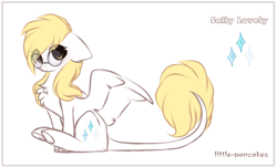 Size: 1680x1012 | Tagged: safe, artist:little-sketches, oc, oc only, oc:sally lovely, species:pegasus, species:pony, chest fluff, chibi, female, glasses, leonine tail, mare, simple background, sitting, solo, white background