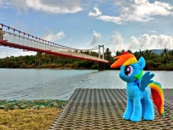 Size: 1024x768 | Tagged: safe, artist:nekokevin, character:rainbow dash, species:pegasus, species:pony, bridge, cloud, female, irl, mare, photo, plushie, river, smiling, solo, spread wings, taiwan, wings