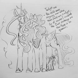 Size: 1280x1280 | Tagged: safe, artist:greyscaleart, character:princess celestia, character:princess luna, character:twilight sparkle, character:twilight sparkle (unicorn), species:alicorn, species:pony, species:unicorn, female, filly, filly twilight sparkle, frown, grayscale, i've seen some shit, implied murder, maternaluna, monochrome, pencil drawing, simple background, this will end in therapy, thousand yard stare, traditional art, traumatized, unfortunate implications, younger