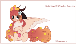 Size: 1924x1096 | Tagged: safe, artist:little-sketches, oc, oc:fluttershy amore, species:pegasus, species:pony, crown, female, horns, jewelry, mare, regalia, simple background, solo, white background