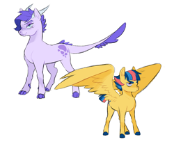 Size: 1798x1560 | Tagged: safe, artist:kianamai, oc, oc only, oc:crystal clarity, oc:starburst, parent:flash sentry, parent:rarity, parent:spike, parent:twilight sparkle, parents:flashlight, parents:sparity, species:dracony, species:pegasus, species:pony, kilalaverse, big wings, colored claws, colored hooves, dewclaw, duo, female, hybrid, interspecies offspring, mare, next generation, offspring, simple background, spread wings, style emulation, white background, wings