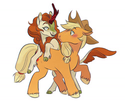 Size: 1763x1464 | Tagged: safe, artist:kianamai, character:applejack, character:autumn blaze, species:earth pony, species:kirin, species:pony, ship:autumnjack, episode:sounds of silence, g4, my little pony: friendship is magic, blushing, clothing, cloven hooves, colored hooves, cowboy hat, duo, female, hat, lesbian, mare, shipping, simple background, stetson, white background