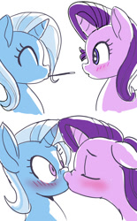 Size: 600x965 | Tagged: safe, artist:grissaecrim, character:starlight glimmer, character:trixie, species:pony, species:unicorn, ship:startrix, blushing, comic, cute, diatrixes, female, food, glimmerbetes, kissing, lesbian, pocky, pocky game, shipping, surprised
