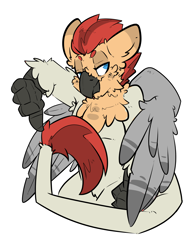 Size: 2550x3300 | Tagged: safe, artist:bbsartboutique, oc, oc:manfred pferdefeder, oc:red, species:hippogriff, armpits, beak, biologically justified underarm fluff, chest fluff, hybrid, leonine tail, neck feathers, talons, thumbs down