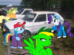 Size: 1024x765 | Tagged: safe, artist:didgereethebrony, character:applejack, character:rainbow dash, character:rarity, oc, oc:didgeree, species:pony, episode:the cart before the ponies, g4, my little pony: friendship is magic, australia, backwards ballcap, baseball cap, cap, car, clothing, didgeree collection, golf, grease, hat, irl, mk 1 golf, mlp in australia, oil, overalls, photo, ponies in real life, sports, unhappy, volkswagen, volkswagen golf