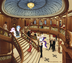 Size: 782x683 | Tagged: safe, artist:didgereethebrony, artist:ken marschall, edit, character:fancypants, character:fleur-de-lis, character:rarity, species:pony, clothing, dome, glass dome, grand staircase, raristocrat, rose dewitt bukater, staircase, titanic