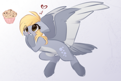Size: 1067x717 | Tagged: safe, artist:little-sketches, character:derpy hooves, species:pegasus, species:pony, abstract background, alternate design, big wings, cheek fluff, colored wings, cute, derpabetes, eye clipping through hair, female, floppy ears, flying, food, hair over one eye, heart, hoof over mouth, mare, muffin, open mouth, socks (coat marking), solo, tail feathers, wings