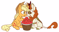 Size: 5267x2874 | Tagged: safe, artist:chub-wub, character:applejack, character:autumn blaze, species:earth pony, species:kirin, species:pony, ship:autumnjack, episode:sounds of silence, g4, my little pony: friendship is magic, apple, awwtumn blaze, blushing, clothing, cowboy hat, cute, female, food, hat, jackabetes, lesbian, mare, quadrupedal, shipping, simple background, smiling, white background, wingding eyes