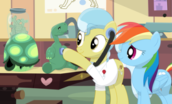 Size: 1145x698 | Tagged: safe, artist:porygon2z, character:doctor fauna, character:rainbow dash, character:tank, species:earth pony, species:pegasus, species:pony, check-up, examining table, female, listening, mare, no shell, shell, show accurate, stethoscope, tortoise, vet