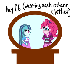 Size: 1500x1302 | Tagged: safe, artist:ktd1993, character:pinkie pie, character:sonata dusk, ship:pinata, my little pony:equestria girls, clothes swap, female, lesbian, mirror, shipping