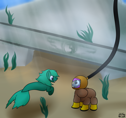 Size: 2325x2173 | Tagged: safe, artist:the-furry-railfan, oc, oc only, oc:crash dive, oc:depth charge, species:pegasus, species:pony, diving suit, hose, library, mare in the moon, merpony, moon, moss, ruins, seaweed, story included, underwater
